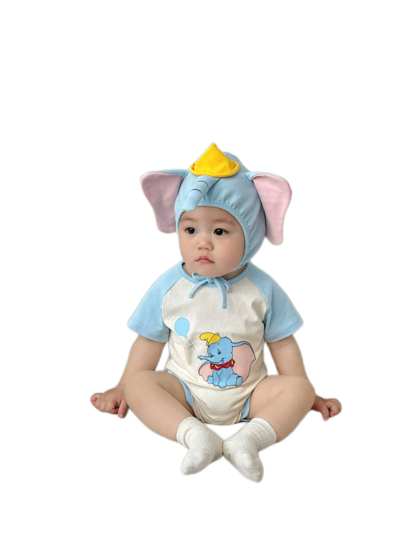 Baby Clothing Elephant - Baby-Einteiler mit 3D-Elefant-Aufdruck und Hut, kurzärmeliges