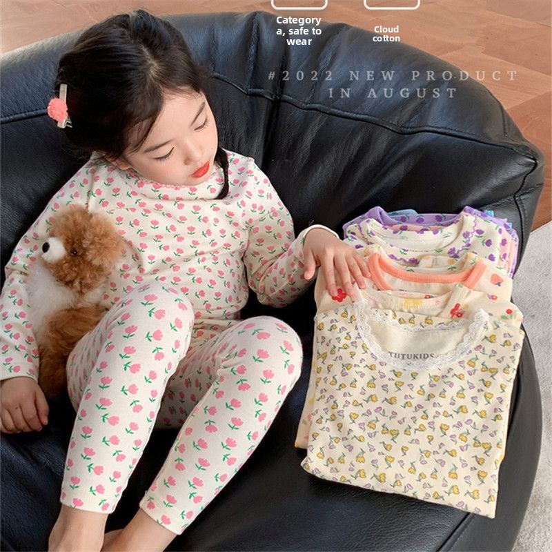 Baby Sleep Suit - 2026 Kinder-Sets Samt-Pyjama-Set mit Blumenmuster Langarm